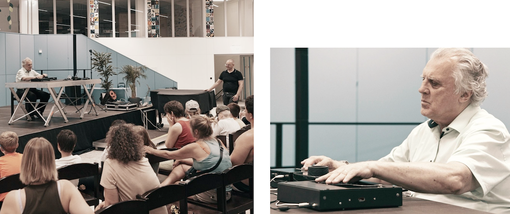 stage performance of Erich Schmid at the Austrian Computer Camp 2023 at the BBI Vienna. He presented his composition Stimmungen - using the tangible musical interfaces and a custom music software.